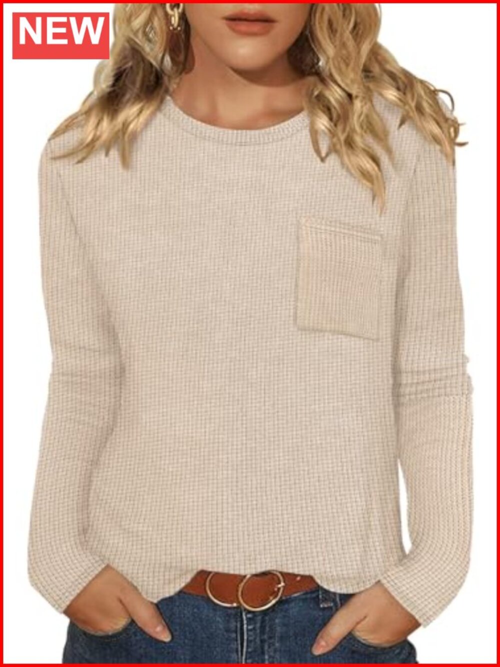 Waffle Knit Long Sleeve Top Curved Hem Casual Teacher Blouse